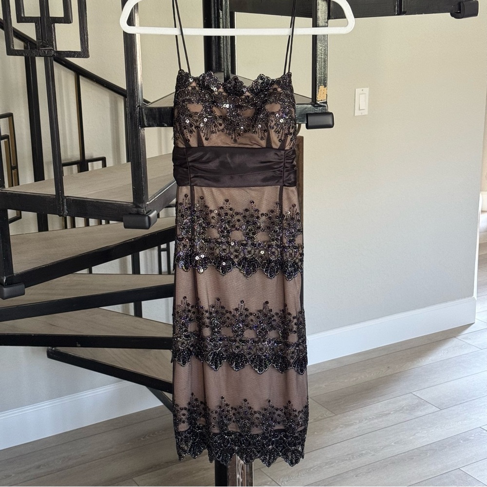 Betsy & Adam Black and Nude Sequined Tiered Lace Cocktail Dress